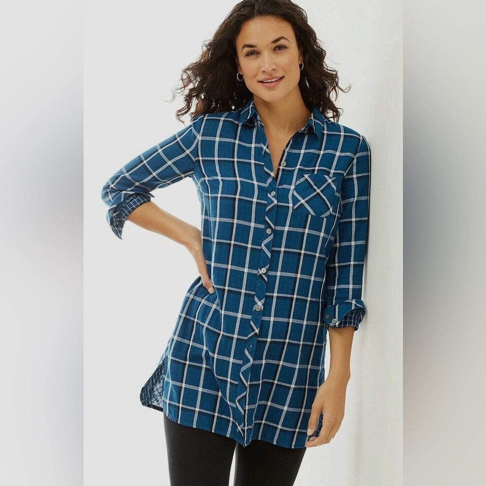 J. JILL Blue Plaid Check Double Fabric Tunic Shirt Button Up 100% Cotton Size XL